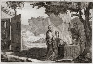 Royaumontin raamattu, Vanha testamentti: Gedeonin uhri. Gedeon (Gideon) on Jumalan kutsuma ottamaan pois juutalaiset heidän vihollisistaan. Hän uhraa uhrin kivellä, josta hän tulee ulos tuli, joka kuluttaa sen. Kuvitus vuodelta 1811. tekijältä Unknown artist