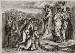Royaumontin raamattu, Vanha testamentti: Toiset lain taulukot. Jumala antaa Moosekselle muita taulukoita (kymmenen käskyä), jotka ihmiset ottavat vastaan kunnioituksella. Kuvitus vuodelta 1811. tekijältä Unknown artist