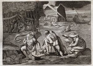 Royaumontin raamattu, Vanha testamentti: Vedenpaisumus. Vedenpaisumus tulvii koko maan. Ainoa arkki pelastaa ne, jotka olivat siihen lukittuina, tästä uppoamisesta. Kuvitus vuodelta 1811. tekijältä Unknown artist