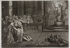Royaumontin raamattu, Vanha testamentti: Belin epäjumala. Daniel tuhosi Belin epäjumalan ja tappoi lohikäärmeen, jota babylonialaiset palvoivat. Kuvitus vuodelta 1811. tekijältä Unknown artist