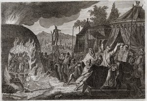 Royaumontin raamattu, Vanha testamentti: Kolme Babylonin lasta uunissa. Kuningas Nebukadnessar II heittää kolme nuorta heprealaista miestä palavaan uuniin, josta he pääsevät ihmeen kautta eroon. Heitä kutsutaan Ananiakseksi, Azariaksi ja Misaeliksi (tai Sh tekijältä Unknown artist