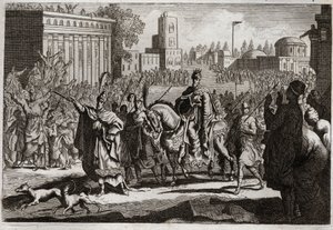 Royaumontin raamattu, Vanha testamentti: Mardocheen voitto. Kuningas pakottaa Amanin (Hamanin) julkaisemaan vihollisensa Mardocheen (tai Mordekhain tai Mordekain) voiton koko Susanin (tunnetaan paremmin nimellä Susa) kaupungissa. Kuvitus vuodelta 1811. tekijältä Unknown artist
