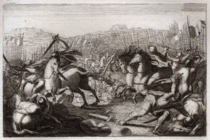 Royaumontin raamattu, Vanha testamentti: Juudaksen voitto. Juudas Makkabee (Maccabee, Maccabee) voitti Apolloniuksen, Seronin, Ptolemaios Macronin, Gorgiaksen, Nikanorin ja Lysiaksen erilaisissa taisteluissa. Kuva osoitteesta tekijältä Unknown artist