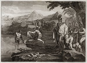 Royaumontin raamattu, Vanha testamentti: Naamanin sota. Naaman, Syyrian kuninkaan armeijan kenraali, tuli löytämään profeetta Eliseen parantuvan spitaalistaan. Kuvitus vuodelta 1811. tekijältä Unknown artist