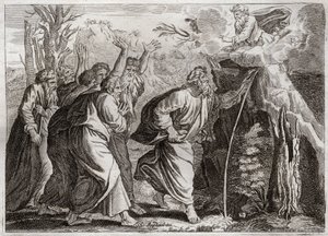 Royaumontin raamattu, Vanha testamentti: Vesi kalliolta. Mooses tuo vettä kalliosta ja juottaa Israelin kansaa. Kuvitus vuodelta 1811. tekijältä Unknown artist