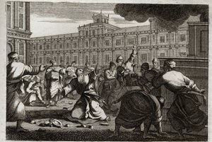 Royaumontin raamattu, Vanha testamentti: Sakarja kivitettiin. Ylimmäinen pappi Sakarja kivitettiin Juudan kuninkaan Joasin (Jehoas) käskystä, koska hän otti hänet pois käskyjään. Kuvitus vuodelta 1811. tekijältä Unknown artist