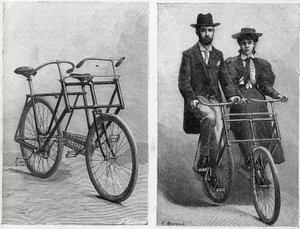 Polkupyörässä on kaksi istuinta valmistajalta ""Punnett Cycle"" ilman pyöräilijöitä ja pyöräilijöiden kanssa. Kaiverrus "" La Nature"" tekijältä Unknown artist