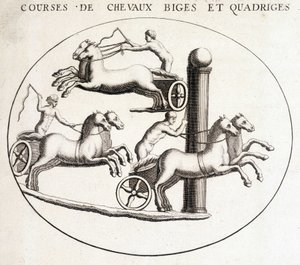 Biges ja quadriges hevoskilpailut. 1800-luvun kaiverrus. tekijältä Unknown artist