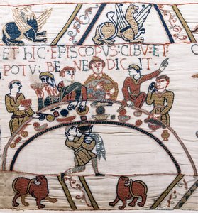 Piispa Odo siunaa ruokaa ja viiniä, Bayeux Tapestry (villakirjonta pellavalle) tekijältä Unknown artist