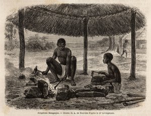 Seppämanganjat (Zambezen alueen etninen ryhmä). Kaiverrus havainnollistamaan tohtori Livingstonen ensimmäisiä matkoja Etelä-Afrikkaan vuosina 1840–1856 Edouard Chartonin johdolla julkaistussa "Le tour du monde, nouveau journal des voyages" -julkaisussa tekijältä Unknown artist