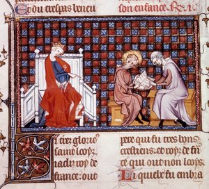 Blanche de Castille, Ranskan kuningatar (1188-1252), ohjasi poikansa Ludvig IX:n (1214-1270) koulutusta (Saint Louisin miniatyyri William of Saint Pathusin käsikirjoituksesta "Saint Louisin elämä ja ihmeet" tekijältä Unknown artist