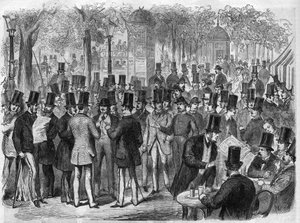 Välittäjät lähellä pientä Bourse du Boulevard des Italiansia Pariisissa, Ranskassa. Kaiverrus kirjaan "The Illustrous Universe" tekijältä Unknown artist