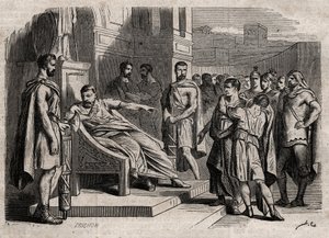 Brutus tuomitsi poikansa kuolemaan - Brutus (Marcus Junius Brutus, 85-42 eKr.) tuomitsi poikansa kuolemaan - kaiverrus "" Dictionnaire populaire illustrious" - 1864 - Joseph Decembre ja Edmond Allonier - tekijältä Unknown artist
