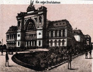 Budapest, Unkari: näkymä magyar kiralyi allavasutskille (rautatieasema). kirjassa "" Maailma havainnollistaa 168 näkymää"" Päiväämätön (1800-luvun loppu) tekijältä Unknown artist