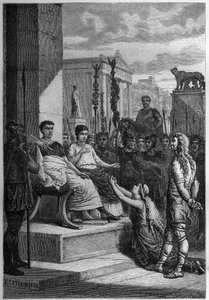 CHAMACUKSEN VANKE – Caratacus (Caratacos, Caratacus) vankeudessa perheensä kanssa puhuu Rooman keisarille Claudius (Claude I) (10 eKr.-54 jKr.) - Kaiverrus Francois