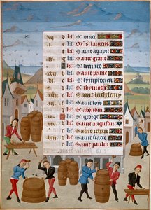 Kalenteri: Elokuu - Viinitynnyrien valmistus - Mestari Jean de Rolinin pienoismalli (1400-luku) teoksesta "Savoian Adelaiden, Burgundin herttuatar" 1460-1465 Chantilly, Musee Conde tekijältä Unknown artist