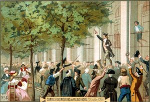 Camille Desmoulins Palais Royalissa (12.7.1789). Kromolitografia 1800-luku. - Ranskan vallankumous/Camille Desmoulins vaatii myrskyn Bastillelle, Pariisiin tekijältä Unknown artist