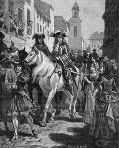 Camisard War (1702-1704): Katolinen, joka yrittää koskettaa Camisardien johtajaa Jean Cavalieria (1681-1740). Nimes, Gard (30). Kaiverrus 1800-luvulta. Jules Micheletin teoksessa "Histoire de France". tekijältä Unknown artist