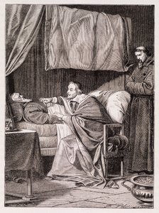 Kardinaali Richelieu isä Josephin kuolinvuoteella - kaiverrus tekijältä Unknown artist