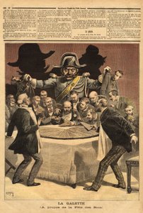 Karikatyyrikuvitus "" la galette"" kuninkaiden juhlasta, jossa pankkiiri leikkaa kakun, kaikki ryntäsivät osuuteen ja löysivät kuumeen sijaan santarmin. Kaiverrus "" Le petit Journal" -lehdessä 7/01/1893. Selvan kokoelma. tekijältä Unknown artist