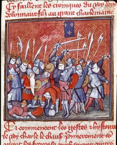 Karolingien dynastia: "" Karolingien kuningas Kaarle II sanoo kaljuksi (823-877) taistelun aikana""" Pienoiskuva "" Les grandes Chronicles de Francesta""" 1300-luvulla Chantilly, Musee Conde tekijältä Unknown artist