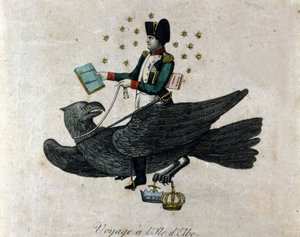 Sarjakuva Napoleonista hänen maanpaosta Elban saarella. Kotkan päällä oleva Napoleon pitää oikeassa kädessään kirjaa Military Conscription. Kauden kaiverrus. tekijältä Unknown artist