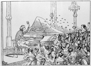 Sarjakuva Franz Lisztin voitosta Berliinin konsertissa vuonna 1842.