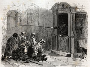 Katoliset harjoittajat rukouksessa, saavat tavallista katumusta, papin antamat ruoskat kopista. Ludovic Cellerin kaiverrus havainnollistamaan tarinaa Rooman pyhän viikosta vuonna 1863 "Le tour du monde, nouveau journal des voyages" -julkaisussa tekijältä Unknown artist