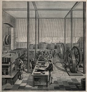 Selluloidi: selluloidien valmistus. Kaiverrus vuodelta 1885 kirjassa "Les arts et metiers illustres", kirjoittanut Adolphe BITARD. tekijältä Unknown artist