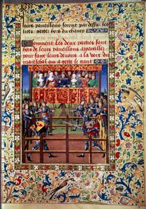 Seremoniat ja toimitukset taistelun panttina: kaksintaistelu suljetussa kentässä kahden ritarin välillä Miniatyyri Jean de Rolinin käsikirjoituksesta (1400-luku) 1460 Paris, B.N. tekijältä Unknown artist