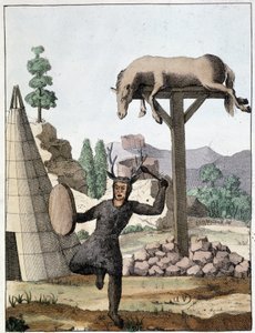 Chamanin kieli tanssii hautauksen edessä (Siperia) - kaiverrus, deb. 1800-luvulla tekijältä Unknown artist