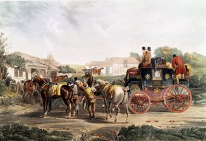 Vetokoukun vaihto majatalossa linja-automatkan aikana. Englanninkielinen kaiverrus. 1800-luvun yksityinen kokoelma tekijältä Unknown artist