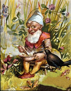 Kääpiön tai farfadetin hahmo syö keittoa. tekijältä Unknown artist