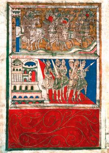 Charlemagne ja hänen ritarit lähtevät Aachenista ja menevät Santiago de Compostelan miniatyyriin "Codex Calixtinuksesta" (Pyhän Jaakobin kirja), noin 1140. fol. 162 v. Santiago de Compostelan katedraalin arkisto (Santiago de Compostela), Espanja tekijältä Unknown artist