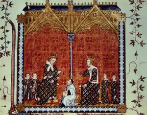 Charles V Viisas ja Jeanne de Bourbon lastensa ympäröimänä. Miniatyyri käsikirjoituksesta "" Rational des divins offices""" Folio 1, kuvannut Guillaume Durand ja kääntänyt Jean Golein tekijältä Unknown artist