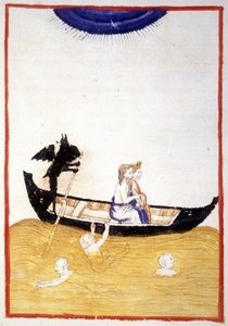Charon (Caron) saa Danten ja Vergilius Acheronin ylittämään alamaailman joen - Dante Alighierin "Jumallisessa komediassa", pienoismalli 1300-luvun käsikirjoituksesta, Raamatusta. Riminin kunta. tekijältä Unknown artist