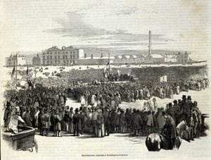 Chartist-mielenosoitus Kennington Commonissa: se on työväenpoliittinen liike, sosialismin edelläkävijä, kaiverrus vuodelta 1848 tekijältä Unknown artist