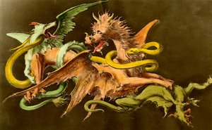 Kimeerit Lohikäärme taistelee kahta hirviötä vastaan. Kaiverrus 1800-luvulta. tekijältä Unknown artist