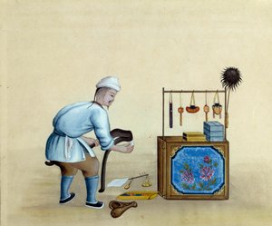 Kiinalaisen kauppiaan teroitussakset hopeaharkkojen leikkaamiseen. Piirustus 1600-luvulta. Pariisi. B N tekijältä Unknown artist