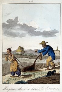 Kiinalainen talonpoika vetää auraa. Teoksessa "" Kansojen tottumukset ja tavat"", toim. Hocquart tekijältä Unknown artist