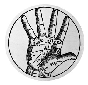 Kiromantia ja ennustaminen: käden eri linjojen esitys, joka mahdollistaa persoonallisuuden tulkinnan. Kaiverrus 1600-luvulta tekijältä Unknown artist