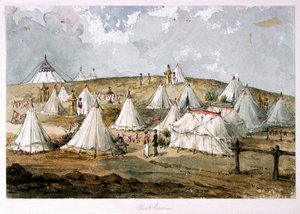 "Chobham, eversti Hodges", teltta Grenadier Guards -leiri. Kuningattaren teltta kukkulan yllä (akvarelli) tekijältä Unknown artist