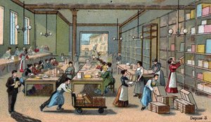 Suklaan valmistus: pakkaus, toimitus. 1800-luvun lopun kromolitografia tekijältä Unknown artist
