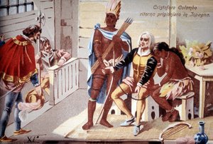 Kristoffer Kolumbus palauttaa vangin Espanjaan. 1800-luvun kromolitografia. tekijältä Unknown artist