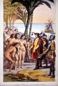 Kristoffer Kolumbuksen maihinnousu San Salvadorissa (Bahamasaaret) 10.12.1492: ensimmäiset intiaanit ilmestyivät ennen Kolumbusta. Kaiverrus 1850. tekijältä Unknown artist