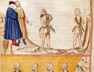 Varkaiden ympyrä: Vanni Fucci (1200-luku) ennusti Dantelle ja Virgilille valkoisten guelfien tappion. Helvetin 24. laulua kuvaava valaistu sivu on peräisin Dante Alighierin (1265-1321) "Divina Commediasta". 1300-luku, Venetsia, Bibliotec tekijältä Unknown artist