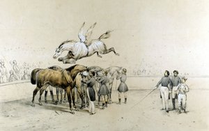 Sirkusesitys siivekäs hevonen hyppää kolmen sidotun hevosen yli. tekijältä Unknown artist