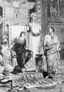 Kleopatra (69 eKr. - 30 eKr.), Egyptin ja Octaven kuningatar, tuli puhumaan hänen kanssaan Actiumin tappion ja Marc Antonyn kuoleman jälkeen. Kaiverrus 1800-luvulta. Storia d