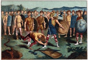 Clovis (465-511) ja frankkisoturi, joka mursi Soissons-maljakon vuonna 486 - Clovis 1. ampui alas Soissons-maljakon rikkoneen sotilaan vuonna 486. Kromolitografia 1800-luvulta. tekijältä Unknown artist