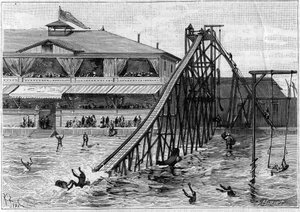 Coaster Bridgeportissa, Connecticutissa, Yhdysvalloissa. kirjassa "La Nature. Katsaus tieteisiin ja niiden sovelluksiin taiteeseen ja teollisuuteen." 1888 tekijältä Unknown artist